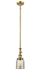 206-BB-G58 Stem Hung 5" Brushed Brass Mini Pendant - Silver Plated Mercury Small Bell Glass - LED Bulb - Dimmensions: 5 x 5 x 13<br>Minimum Height : 22.875<br>Maximum Height : 47 - Sloped Ceiling Compatible: Yes