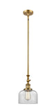 206-BB-G72 Stem Hung 8" Brushed Brass Mini Pendant - Clear Large Bell Glass - LED Bulb - Dimmensions: 8 x 8 x 14<br>Minimum Height : 22.875<br>Maximum Height : 47 - Sloped Ceiling Compatible: Yes