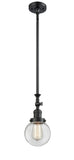 206-BK-G202-6 Stem Hung 6" Matte Black Mini Pendant - Clear Beacon Glass - LED Bulb - Dimmensions: 6 x 6 x 12.25<br>Minimum Height : 22.875<br>Maximum Height : 47 - Sloped Ceiling Compatible: Yes