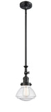 206-BK-G324 Stem Hung 6.75" Matte Black Mini Pendant - Seedy Olean Glass - LED Bulb - Dimmensions: 6.75 x 6.75 x 11.75<br>Minimum Height : 22.125<br>Maximum Height : 46.25 - Sloped Ceiling Compatible: Yes