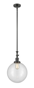 206-OB-G202-12 Stem Hung 12" Oil Rubbed Bronze Mini Pendant - Clear Beacon Glass - LED Bulb - Dimmensions: 12 x 12 x 18<br>Minimum Height : 28.875<br>Maximum Height : 53 - Sloped Ceiling Compatible: Yes