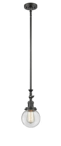 206-OB-G202-6 Stem Hung 6" Oil Rubbed Bronze Mini Pendant - Clear Beacon Glass - LED Bulb - Dimmensions: 6 x 6 x 12.25<br>Minimum Height : 22.875<br>Maximum Height : 47 - Sloped Ceiling Compatible: Yes