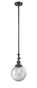 206-OB-G202-8 Stem Hung 8" Oil Rubbed Bronze Mini Pendant - Clear Beacon Glass - LED Bulb - Dimmensions: 8 x 8 x 14.25<br>Minimum Height : 24.875<br>Maximum Height : 49 - Sloped Ceiling Compatible: Yes