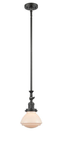 206-OB-G321 Stem Hung 6.75" Oil Rubbed Bronze Mini Pendant - Matte White Olean Glass - LED Bulb - Dimmensions: 6.75 x 6.75 x 11.75<br>Minimum Height : 22.125<br>Maximum Height : 46.25 - Sloped Ceiling Compatible: Yes
