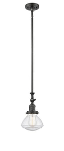 206-OB-G324 Stem Hung 6.75" Oil Rubbed Bronze Mini Pendant - Seedy Olean Glass - LED Bulb - Dimmensions: 6.75 x 6.75 x 11.75<br>Minimum Height : 22.125<br>Maximum Height : 46.25 - Sloped Ceiling Compatible: Yes