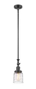 206-OB-G513 Stem Hung 5" Oil Rubbed Bronze Mini Pendant - Clear Deco Swirl Small Bell Glass - LED Bulb - Dimmensions: 5 x 5 x 14<br>Minimum Height : 22.875<br>Maximum Height : 47 - Sloped Ceiling Compatible: Yes