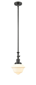 206-OB-G531 Stem Hung 7.5" Oil Rubbed Bronze Mini Pendant - Matte White Cased Small Oxford Glass - LED Bulb - Dimmensions: 7.5 x 7.5 x 12<br>Minimum Height : 22.875<br>Maximum Height : 47 - Sloped Ceiling Compatible: Yes