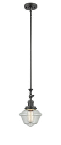 206-OB-G534 Stem Hung 7.5" Oil Rubbed Bronze Mini Pendant - Seedy Small Oxford Glass - LED Bulb - Dimmensions: 7.5 x 7.5 x 12<br>Minimum Height : 22.875<br>Maximum Height : 47 - Sloped Ceiling Compatible: Yes