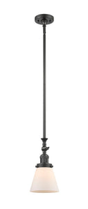 206-OB-G61 Stem Hung 6" Oil Rubbed Bronze Mini Pendant - Matte White Cased Small Cone Glass - LED Bulb - Dimmensions: 6 x 6 x 14<br>Minimum Height : 22.875<br>Maximum Height : 47 - Sloped Ceiling Compatible: Yes