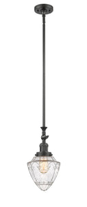 206-OB-G664-7 Stem Hung 7" Oil Rubbed Bronze Mini Pendant - Seedy Small Bullet Glass - LED Bulb - Dimmensions: 7 x 7 x 17<br>Minimum Height : 26<br>Maximum Height : 50 - Sloped Ceiling Compatible: Yes