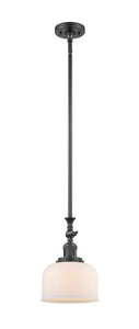 206-OB-G71 Stem Hung 8" Oil Rubbed Bronze Mini Pendant - Matte White Cased Large Bell Glass - LED Bulb - Dimmensions: 8 x 8 x 14<br>Minimum Height : 22.875<br>Maximum Height : 47 - Sloped Ceiling Compatible: Yes