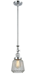 206-PC-G142 Stem Hung 7" Polished Chrome Mini Pendant - Clear Chatham Glass - LED Bulb - Dimmensions: 7 x 7 x 14<br>Minimum Height : 23.875<br>Maximum Height : 48 - Sloped Ceiling Compatible: Yes