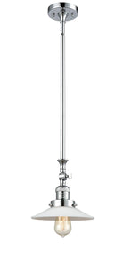 206-PC-G1 Stem Hung 8.5" Polished Chrome Mini Pendant - White Halophane Glass - LED Bulb - Dimmensions: 8.5 x 8.5 x 12<br>Minimum Height : 19.125<br>Maximum Height : 43.25 - Sloped Ceiling Compatible: Yes