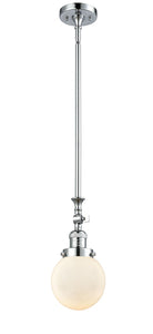 206-PC-G201-6 Stem Hung 6" Polished Chrome Mini Pendant - Matte White Cased Beacon Glass - LED Bulb - Dimmensions: 6 x 6 x 12.25<br>Minimum Height : 22.875<br>Maximum Height : 47 - Sloped Ceiling Compatible: Yes