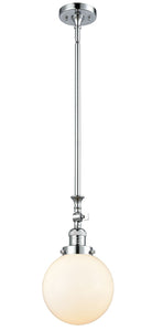 206-PC-G201-8 Stem Hung 8" Polished Chrome Mini Pendant - Matte White Cased Beacon Glass - LED Bulb - Dimmensions: 8 x 8 x 14.25<br>Minimum Height : 24.875<br>Maximum Height : 49 - Sloped Ceiling Compatible: Yes