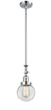 206-PC-G202-6 Stem Hung 6" Polished Chrome Mini Pendant - Clear Beacon Glass - LED Bulb - Dimmensions: 6 x 6 x 12.25<br>Minimum Height : 22.875<br>Maximum Height : 47 - Sloped Ceiling Compatible: Yes