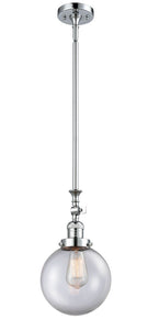 206-PC-G202-8 Stem Hung 8" Polished Chrome Mini Pendant - Clear Beacon Glass - LED Bulb - Dimmensions: 8 x 8 x 14.25<br>Minimum Height : 24.875<br>Maximum Height : 49 - Sloped Ceiling Compatible: Yes