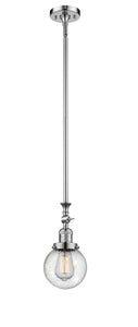 206-PC-G204-6 Stem Hung 6" Polished Chrome Mini Pendant - Seedy Beacon Glass - LED Bulb - Dimmensions: 6 x 6 x 12.25<br>Minimum Height : 22.875<br>Maximum Height : 47 - Sloped Ceiling Compatible: Yes