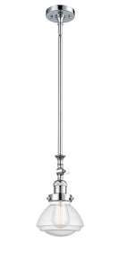 206-PC-G324 Stem Hung 6.75" Polished Chrome Mini Pendant - Seedy Olean Glass - LED Bulb - Dimmensions: 6.75 x 6.75 x 11.75<br>Minimum Height : 22.125<br>Maximum Height : 46.25 - Sloped Ceiling Compatible: Yes