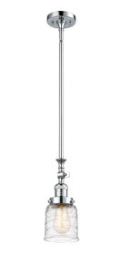 206-PC-G513 Stem Hung 5" Polished Chrome Mini Pendant - Clear Deco Swirl Small Bell Glass - LED Bulb - Dimmensions: 5 x 5 x 14<br>Minimum Height : 22.875<br>Maximum Height : 47 - Sloped Ceiling Compatible: Yes
