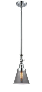 206-PC-G63 Stem Hung 6" Polished Chrome Mini Pendant - Plated Smoke Small Cone Glass - LED Bulb - Dimmensions: 6 x 6 x 14<br>Minimum Height : 22.875<br>Maximum Height : 47 - Sloped Ceiling Compatible: Yes