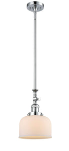206-PC-G71 Stem Hung 8" Polished Chrome Mini Pendant - Matte White Cased Large Bell Glass - LED Bulb - Dimmensions: 8 x 8 x 14<br>Minimum Height : 22.875<br>Maximum Height : 47 - Sloped Ceiling Compatible: Yes