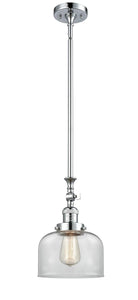 206-PC-G72 Stem Hung 8" Polished Chrome Mini Pendant - Clear Large Bell Glass - LED Bulb - Dimmensions: 8 x 8 x 14<br>Minimum Height : 22.875<br>Maximum Height : 47 - Sloped Ceiling Compatible: Yes