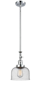 206-PC-G74 Stem Hung 8" Polished Chrome Mini Pendant - Seedy Large Bell Glass - LED Bulb - Dimmensions: 8 x 8 x 14<br>Minimum Height : 22.875<br>Maximum Height : 47 - Sloped Ceiling Compatible: Yes