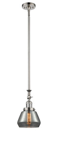 206-PN-G173 Stem Hung 7" Polished Nickel Mini Pendant - Plated Smoke Fulton Glass - LED Bulb - Dimmensions: 7 x 7 x 14<br>Minimum Height : 22.375<br>Maximum Height : 46.5 - Sloped Ceiling Compatible: Yes