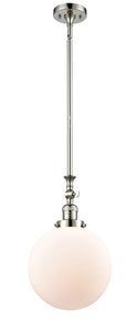 206-PN-G201-10 Stem Hung 10" Polished Nickel Mini Pendant - Matte White Cased Beacon Glass - LED Bulb - Dimmensions: 10 x 10 x 16<br>Minimum Height : 26.875<br>Maximum Height : 51 - Sloped Ceiling Compatible: Yes
