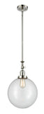 206-PN-G202-12 Stem Hung 12" Polished Nickel Mini Pendant - Clear Beacon Glass - LED Bulb - Dimmensions: 12 x 12 x 18<br>Minimum Height : 28.875<br>Maximum Height : 53 - Sloped Ceiling Compatible: Yes