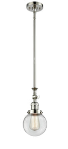 206-PN-G202-6 Stem Hung 6" Polished Nickel Mini Pendant - Clear Beacon Glass - LED Bulb - Dimmensions: 6 x 6 x 12.25<br>Minimum Height : 22.875<br>Maximum Height : 47 - Sloped Ceiling Compatible: Yes