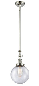 206-PN-G204-8 Stem Hung 8" Polished Nickel Mini Pendant - Seedy Beacon Glass - LED Bulb - Dimmensions: 8 x 8 x 14.25<br>Minimum Height : 24.875<br>Maximum Height : 49 - Sloped Ceiling Compatible: Yes