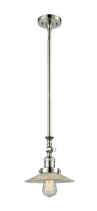 206-PN-G2 Stem Hung 8.5" Polished Nickel Mini Pendant - Clear Halophane Glass - LED Bulb - Dimmensions: 8.5 x 8.5 x 12<br>Minimum Height : 19.125<br>Maximum Height : 43.25 - Sloped Ceiling Compatible: Yes