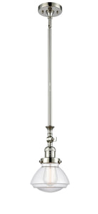 206-PN-G322 Stem Hung 6.75" Polished Nickel Mini Pendant - Clear Olean Glass - LED Bulb - Dimmensions: 6.75 x 6.75 x 11.75<br>Minimum Height : 22.125<br>Maximum Height : 46.25 - Sloped Ceiling Compatible: Yes