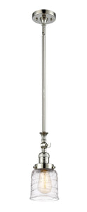206-PN-G513 Stem Hung 5" Polished Nickel Mini Pendant - Clear Deco Swirl Small Bell Glass - LED Bulb - Dimmensions: 5 x 5 x 14<br>Minimum Height : 22.875<br>Maximum Height : 47 - Sloped Ceiling Compatible: Yes
