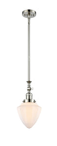 206-PN-G661-7 Stem Hung 7" Polished Nickel Mini Pendant - Matte White Cased Small Bullet Glass - LED Bulb - Dimmensions: 7 x 7 x 17<br>Minimum Height : 26<br>Maximum Height : 50 - Sloped Ceiling Compatible: Yes