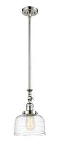 206-PN-G713 Stem Hung 8" Polished Nickel Mini Pendant - Clear Deco Swirl Large Bell Glass - LED Bulb - Dimmensions: 8 x 8 x 14<br>Minimum Height : 22.875<br>Maximum Height : 47 - Sloped Ceiling Compatible: Yes