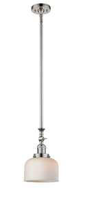 206-PN-G71 Stem Hung 8" Polished Nickel Mini Pendant - Matte White Cased Large Bell Glass - LED Bulb - Dimmensions: 8 x 8 x 14<br>Minimum Height : 22.875<br>Maximum Height : 47 - Sloped Ceiling Compatible: Yes