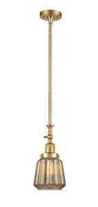 206-SG-G146 Stem Hung 7" Satin Gold Mini Pendant - Mercury Plated Chatham Glass - LED Bulb - Dimmensions: 7 x 7 x 14<br>Minimum Height : 25.125<br>Maximum Height : 49.25 - Sloped Ceiling Compatible: Yes