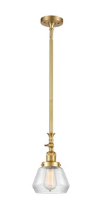 206-SG-G172 Stem Hung 7" Satin Gold Mini Pendant - Clear Fulton Glass - LED Bulb - Dimmensions: 7 x 7 x 14<br>Minimum Height : 22.375<br>Maximum Height : 46.5 - Sloped Ceiling Compatible: Yes