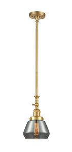 206-SG-G173 Stem Hung 7" Satin Gold Mini Pendant - Plated Smoke Fulton Glass - LED Bulb - Dimmensions: 7 x 7 x 14<br>Minimum Height : 22.375<br>Maximum Height : 46.5 - Sloped Ceiling Compatible: Yes