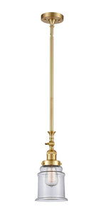 206-SG-G182 Stem Hung 6.5" Satin Gold Mini Pendant - Clear Canton Glass - LED Bulb - Dimmensions: 6.5 x 6.5 x 14<br>Minimum Height : 24.375<br>Maximum Height : 48.5 - Sloped Ceiling Compatible: Yes