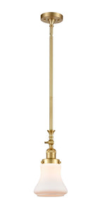 206-SG-G191 Stem Hung 6.5" Satin Gold Mini Pendant - Matte White Bellmont Glass - LED Bulb - Dimmensions: 6.5 x 6.5 x 14<br>Minimum Height : 23.375<br>Maximum Height : 47.5 - Sloped Ceiling Compatible: Yes