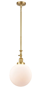 206-SG-G201-10 Stem Hung 10" Satin Gold Mini Pendant - Matte White Cased Beacon Glass - LED Bulb - Dimmensions: 10 x 10 x 16<br>Minimum Height : 26.875<br>Maximum Height : 51 - Sloped Ceiling Compatible: Yes