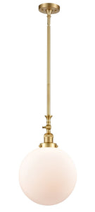 206-SG-G201-12 Stem Hung 12" Satin Gold Mini Pendant - Matte White Cased Beacon Glass - LED Bulb - Dimmensions: 12 x 12 x 18<br>Minimum Height : 28.875<br>Maximum Height : 53 - Sloped Ceiling Compatible: Yes
