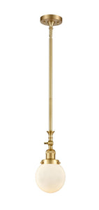 206-SG-G201-6 Stem Hung 6" Satin Gold Mini Pendant - Matte White Cased Beacon Glass - LED Bulb - Dimmensions: 6 x 6 x 12.25<br>Minimum Height : 22.875<br>Maximum Height : 47 - Sloped Ceiling Compatible: Yes