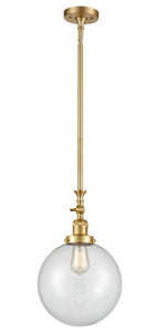 206-SG-G202-10 Stem Hung 10" Satin Gold Mini Pendant - Clear Beacon Glass - LED Bulb - Dimmensions: 10 x 10 x 16<br>Minimum Height : 26.875<br>Maximum Height : 51 - Sloped Ceiling Compatible: Yes