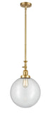 206-SG-G202-12 Stem Hung 12" Satin Gold Mini Pendant - Clear Beacon Glass - LED Bulb - Dimmensions: 12 x 12 x 18<br>Minimum Height : 28.875<br>Maximum Height : 53 - Sloped Ceiling Compatible: Yes