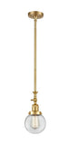 206-SG-G202-6 Stem Hung 6" Satin Gold Mini Pendant - Clear Beacon Glass - LED Bulb - Dimmensions: 6 x 6 x 12.25<br>Minimum Height : 22.875<br>Maximum Height : 47 - Sloped Ceiling Compatible: Yes